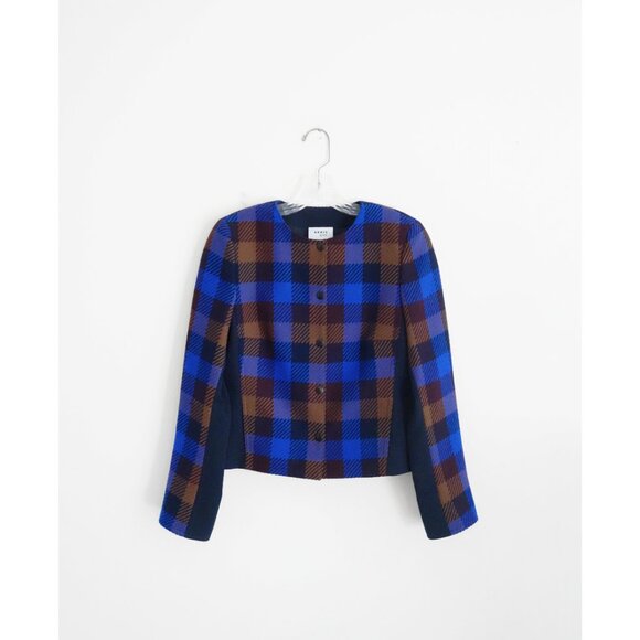 Akris Punto Blue Black Brown Plaid Wool Blazer size DE 38 US 8 - Picture 5 of 7